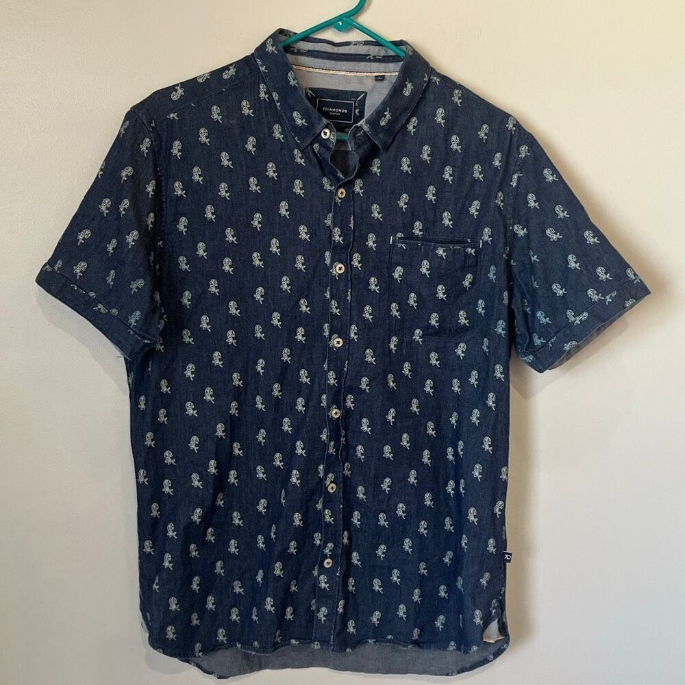 7Diamonds Button Down Denim Shirt Large Rose Print #780
